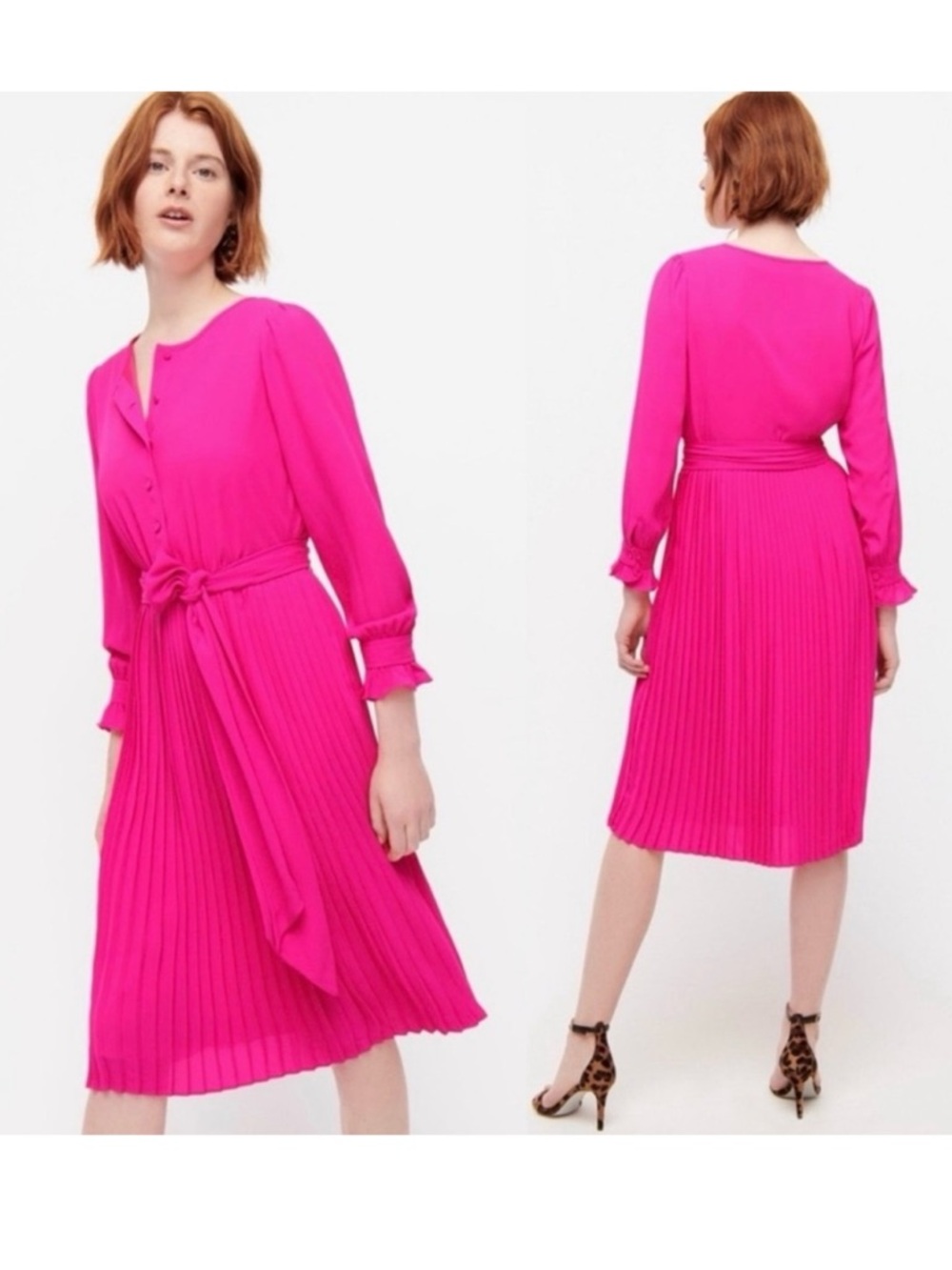 NWT J. Crew Sz 4 Flamingo Pink Pleated Long-Sleeve Dress